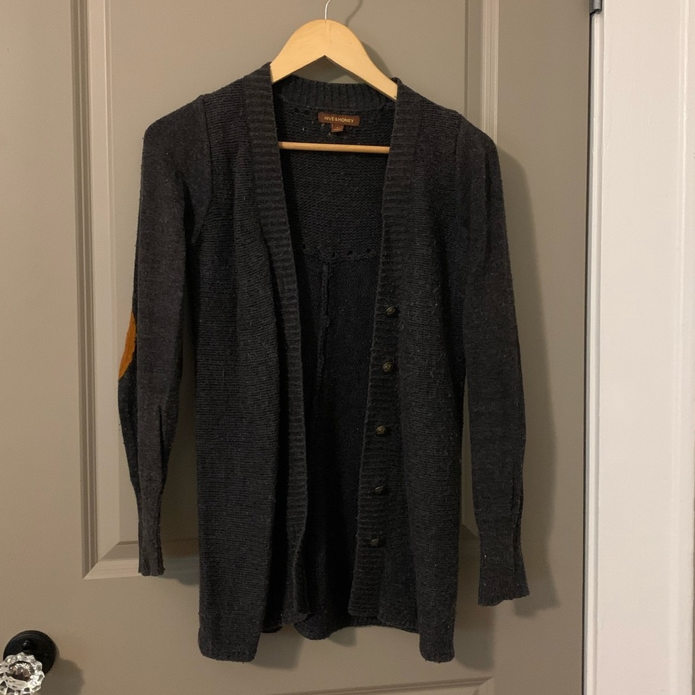 Charcoal cardigan with cognac colored elbow pads, metal detailed buttons